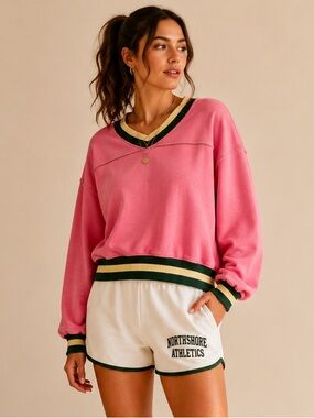 Free People Pink Varsity Sweatshirt S Green Stripe Exposed Seam Athletic Cropped